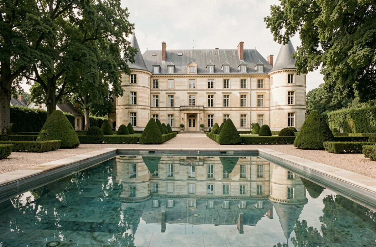 Piscine extérieure du Château du Portereau, hôtel 4 étoiles à Vertou, avec façade en pierre et jardins à la française