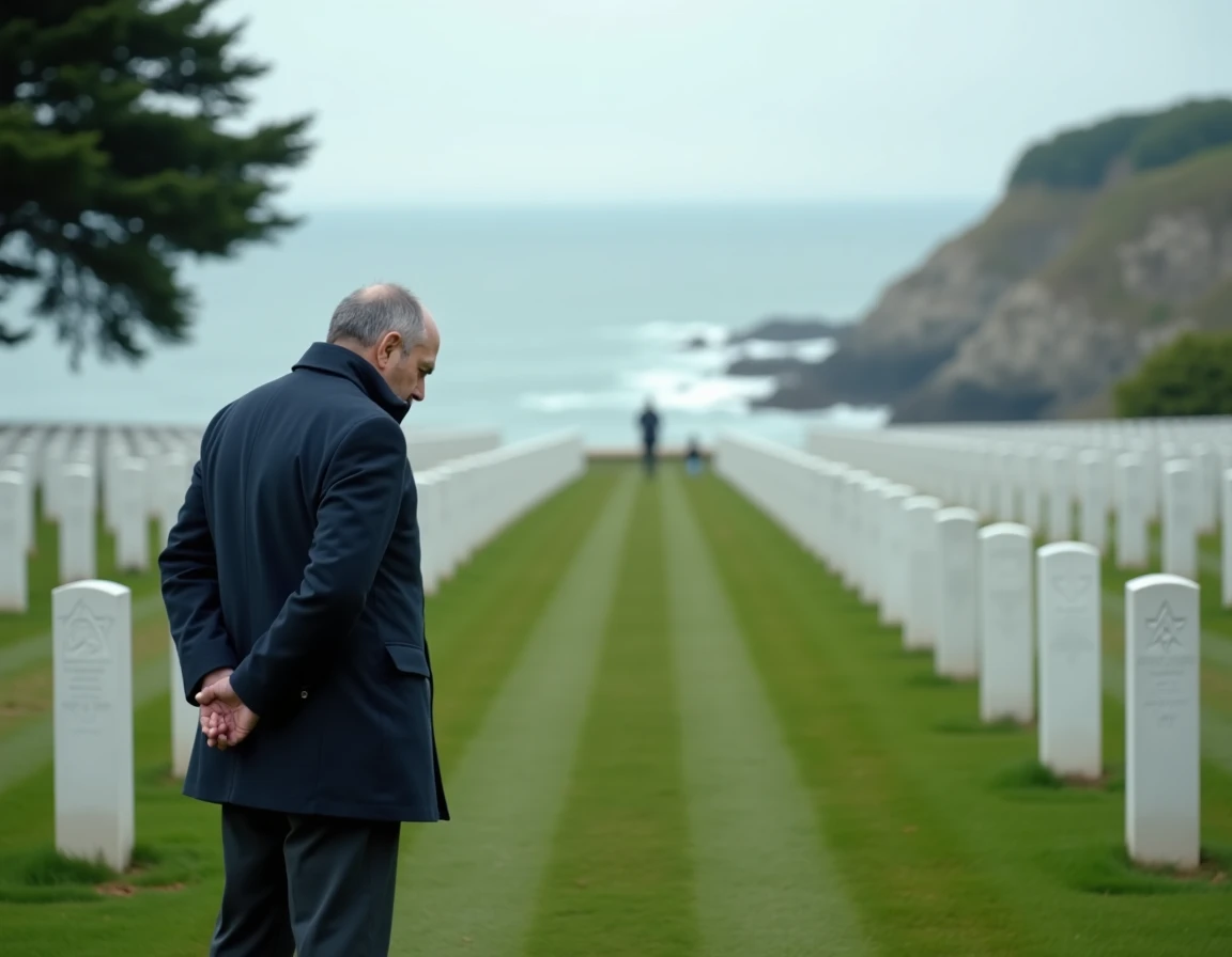 Homme recueilli devant les tombes blanches du cimetière américain de Normandie avec vue sur la Manche