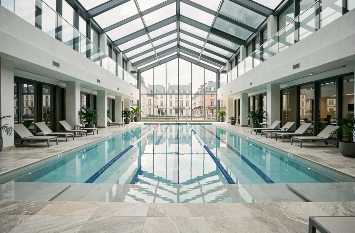 Piscine intérieure moderne du Citadines Confluent Nantes sous verrière avec vue sur la ville