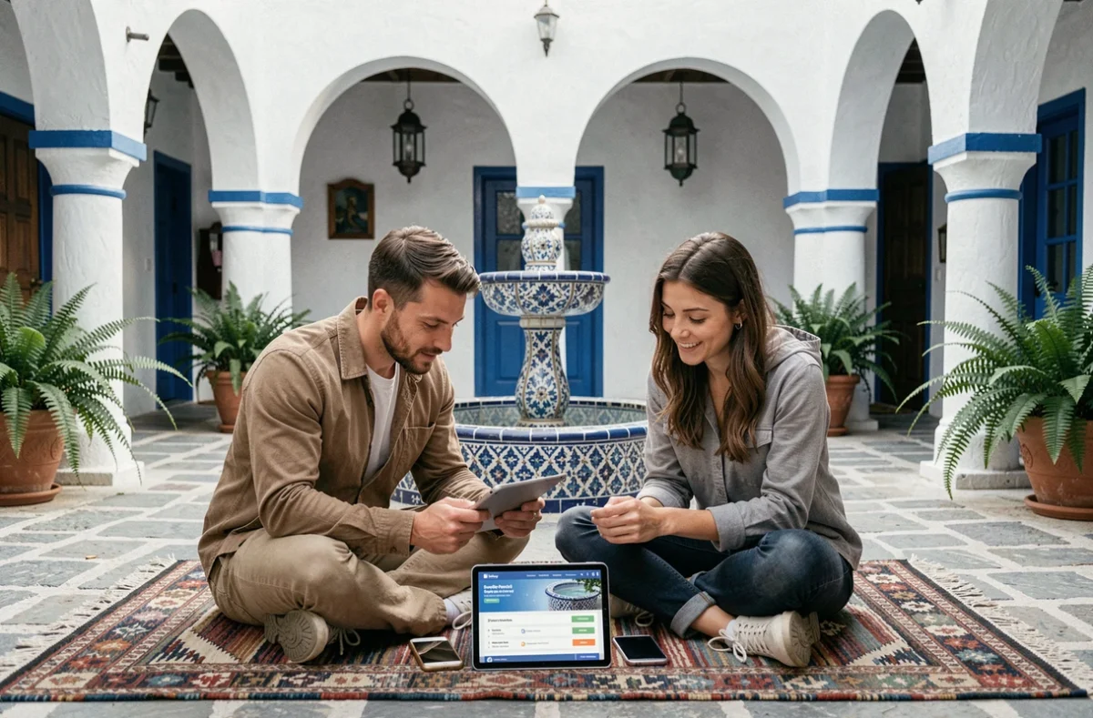 Deux voyageurs comparant des forfaits mobiles pour le Maroc sur tablette et smartphone dans un riad de Chefchaouen