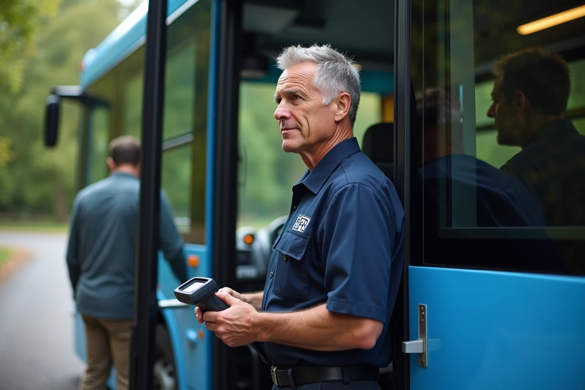 Conducteur de bus BER en uniforme accueillant les passagers à un arrêt de campagne