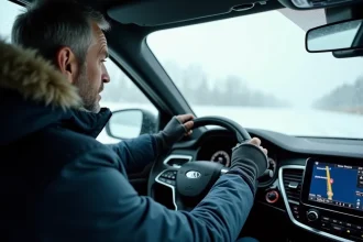 Conducteur en hiver au volant d'un SUV sur la route Montréal-New York sous la neige