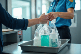 Contrôle de sécurité aéroport avec sac de liquides