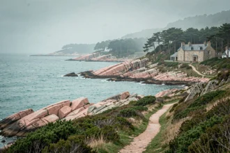 Paysage côtier breton avec rochers de granite rose et hôtel en pierre niché dans les pins maritimes des Côtes-d'Armor