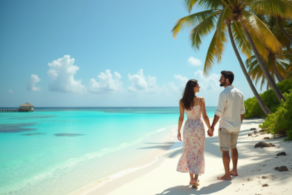 Couple souriant au bord d'un atoll turquoise en vacances