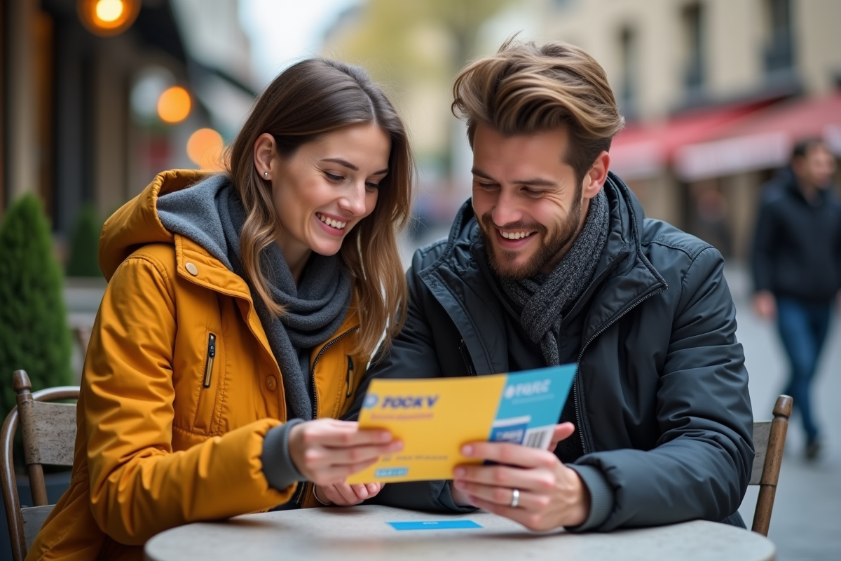 Jeune couple examinant un chèque vacances dans un café en ville