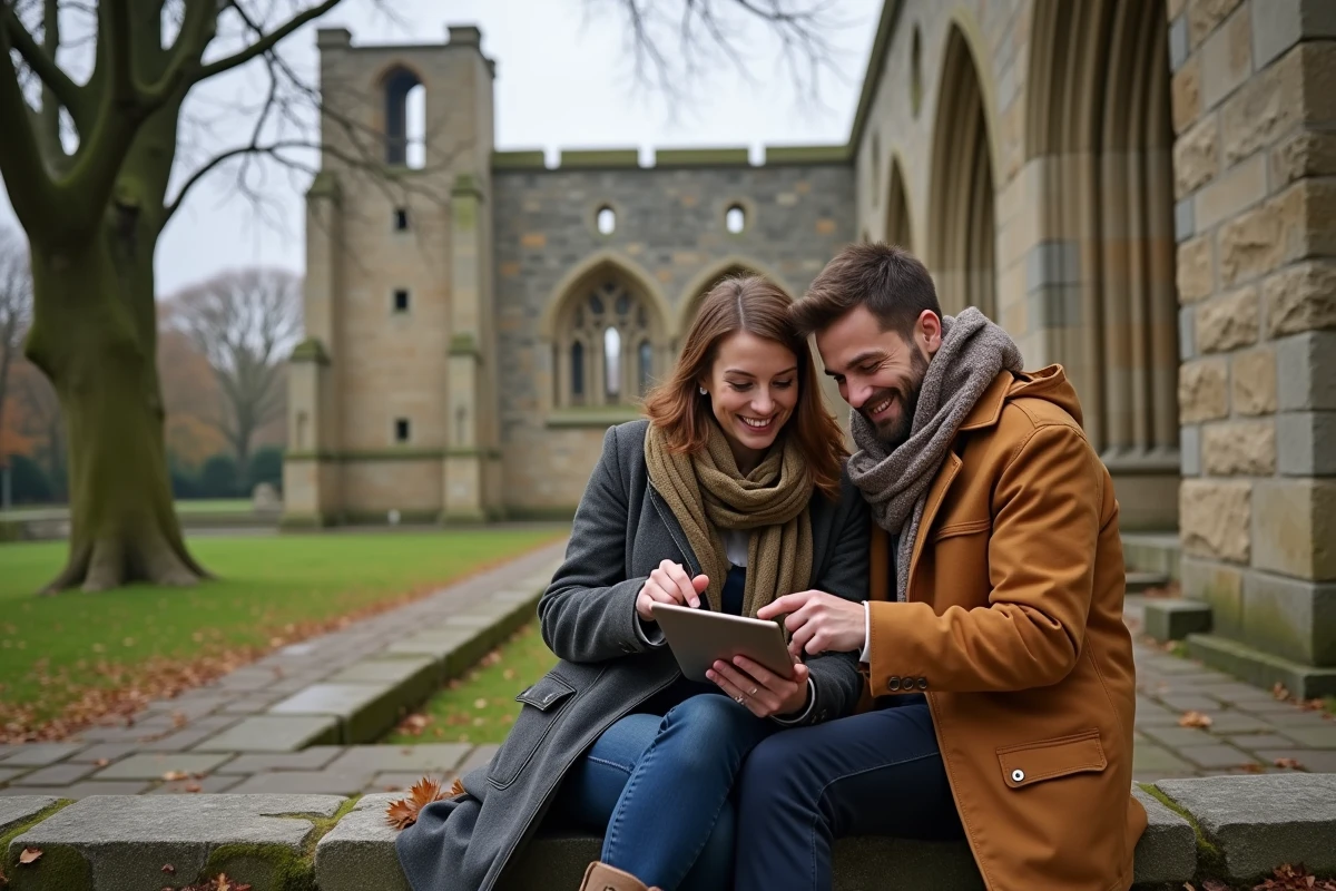Couple planifiant un itinéraire sur une carte numérique de la Normandie près d'une abbaye historique