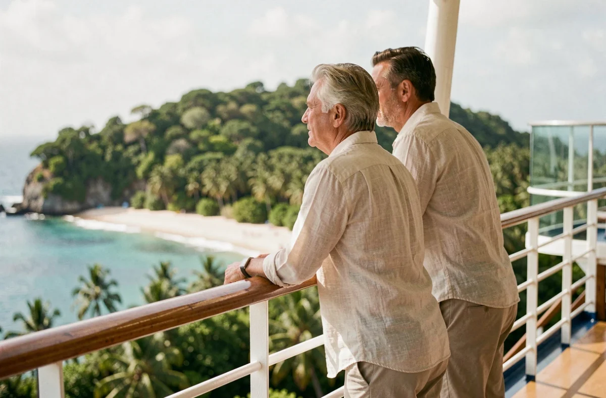 Couple de voyageurs sur le pont d'un bateau Costa admirant une île tropicale lors d'une croisière