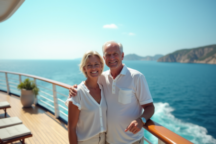 Couple souriant sur le pont d'une croisière en mer