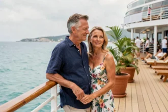 Couple en croisière autour du monde appuyé sur le bastingage d'un paquebot de luxe face à une côte turquoise