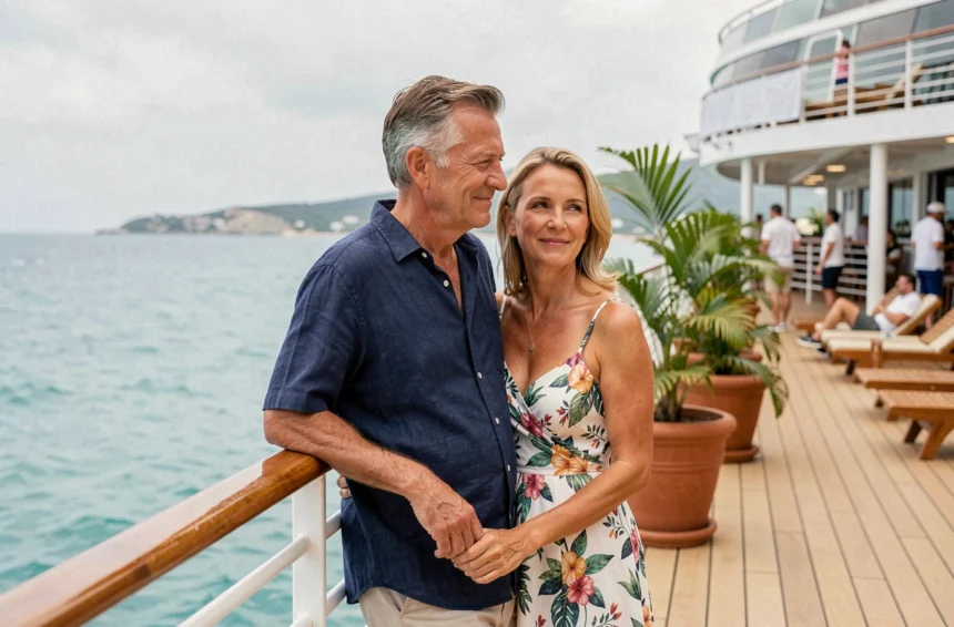 Couple en croisière autour du monde appuyé sur le bastingage d'un paquebot de luxe face à une côte turquoise