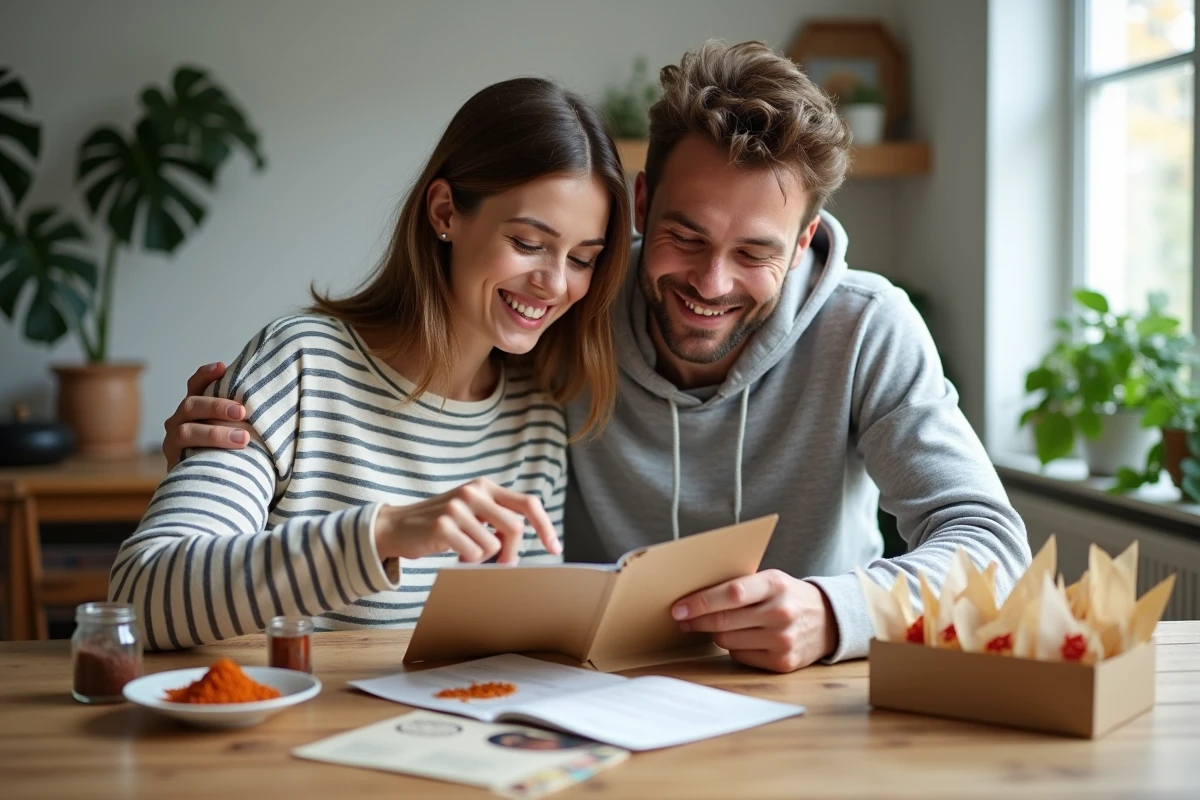 Couple de débutants explorant ensemble le contenu d'une box cuisine du monde avec épices et fiches recettes sur une table en bois
