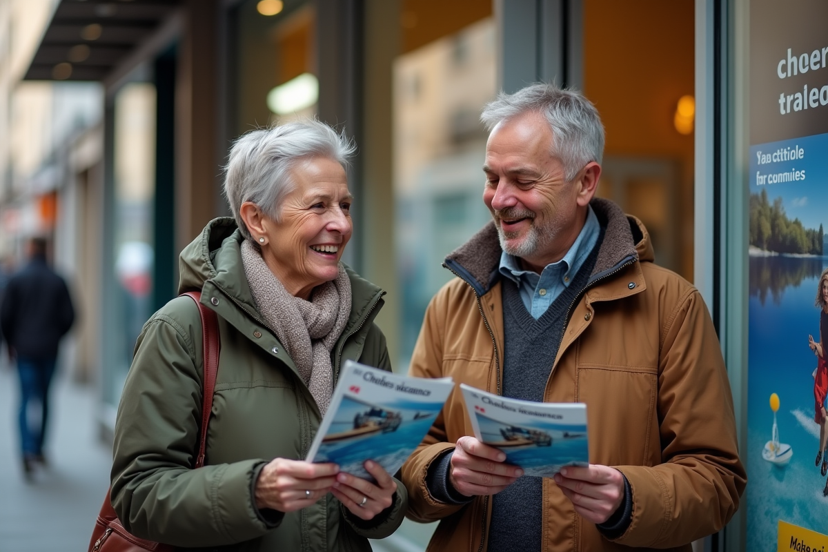 Couple discutant brochures chèques vacances dehors