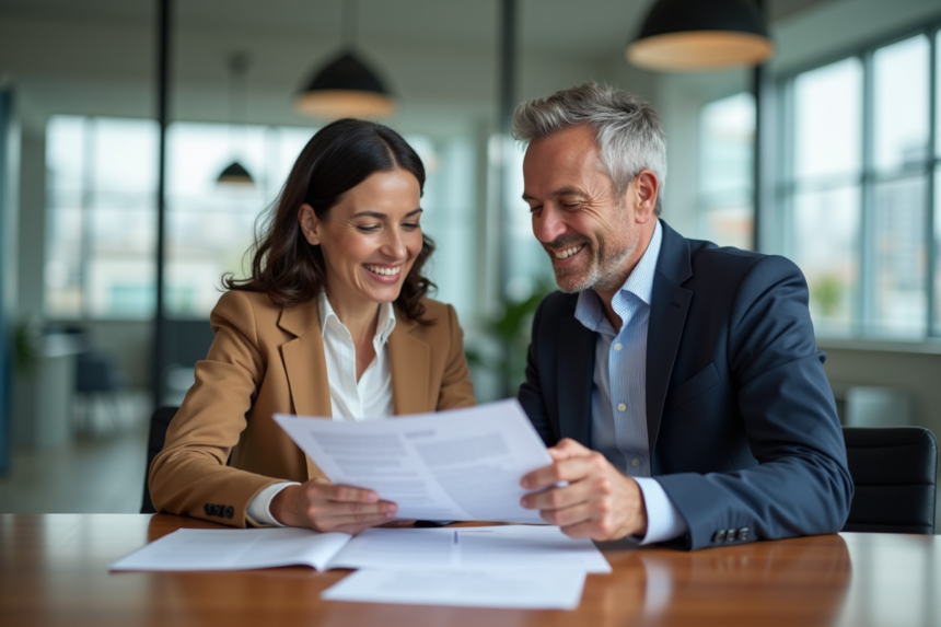 Couple d'adultes discutant d'une brochure éducative dans un bureau moderne