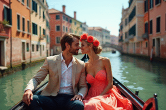 Couple élégant en gondola à Venise sous un ciel clair