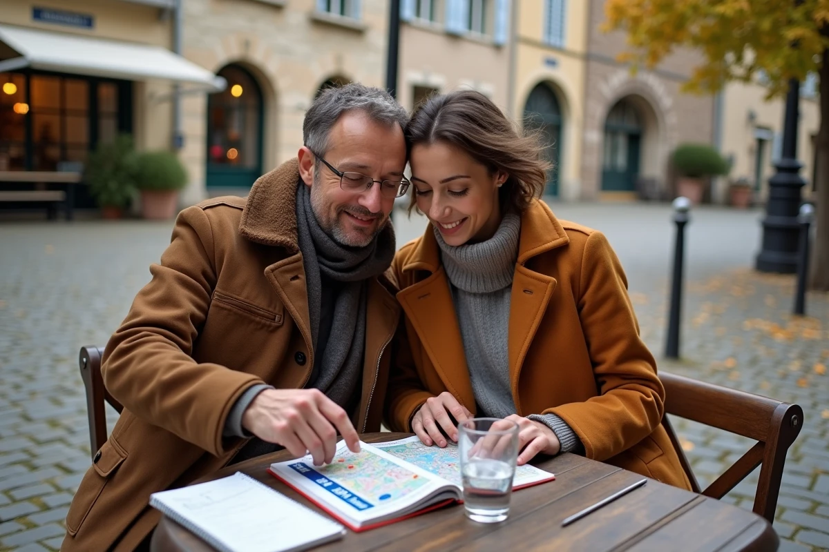 Couple planifiant un voyage avec le guide Michelin 2026 et une carte régionale attablé dans un café d'un village français