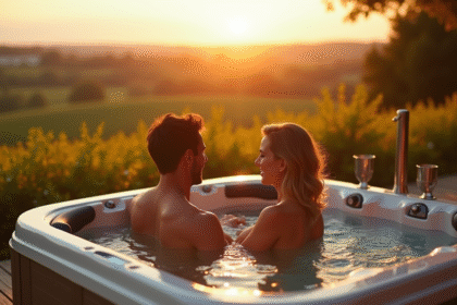 Couple relaxant dans un jacuzzi extérieur avec vue sur les vignes d'Alsace
