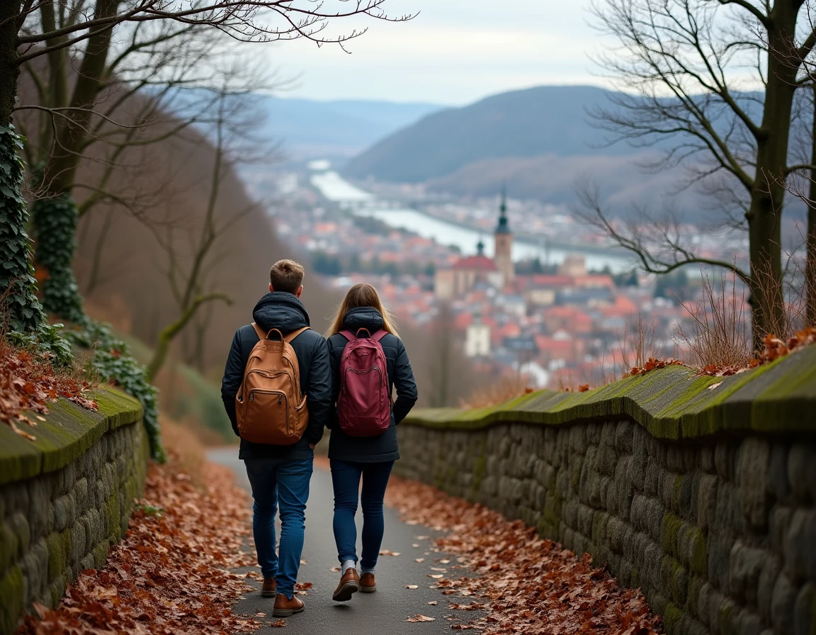 Couple de voyageurs sur le Philosophenweg admirant le panorama de Heidelberg avec le château et la vieille ville en contrebas