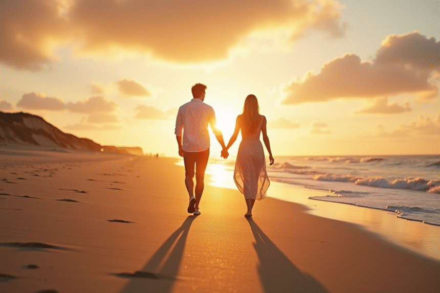 Couple romantique marchant sur la plage en Normandie au coucher du soleil