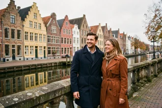 Couple se promenant sur les quais historiques de Gand en automne avec les maisons de guilde flamandes en arrière-plan