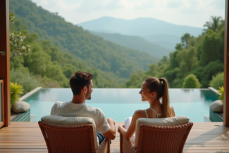 Couple souriant relaxant sur terrasse avec piscine et jardins