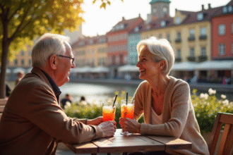 Couple retraité souriant dans un café en ville européenne