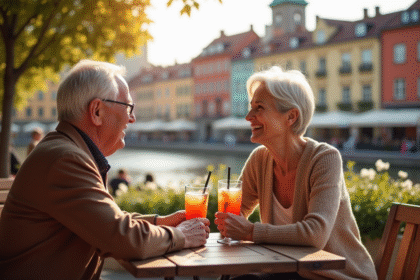 Couple retraité souriant dans un café en ville européenne