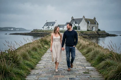 Couple romantique se promenant sur la digue de Saint-Cado en Bretagne lors d'une escapade amoureuse