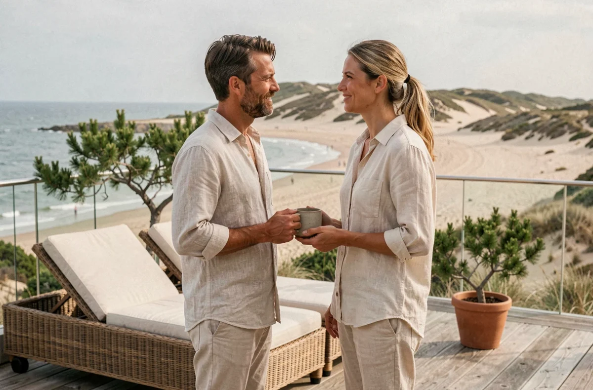 Couple en séjour haut de gamme sur une terrasse privée avec vue sur la Dune du Pilat et le Bassin d'Arcachon