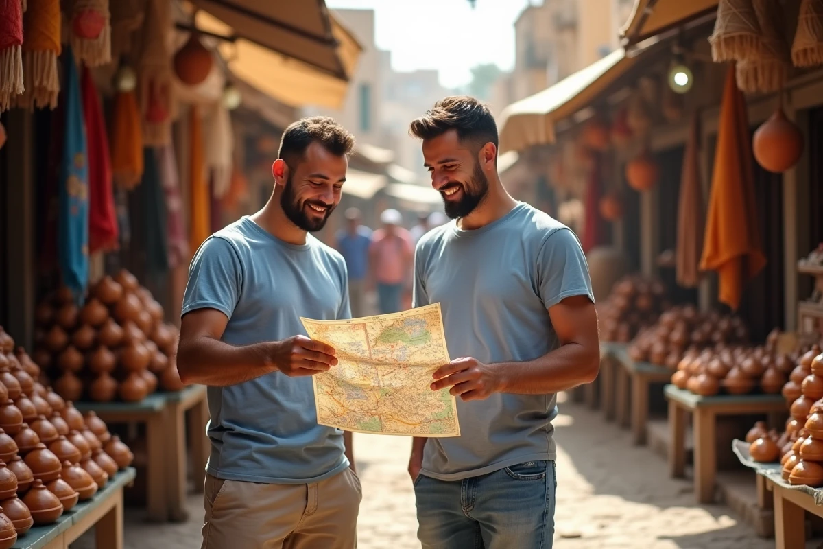 Couple de touristes consultant une carte papier dans une médina animée lors de vacances dans une nouvelle destination en 2026