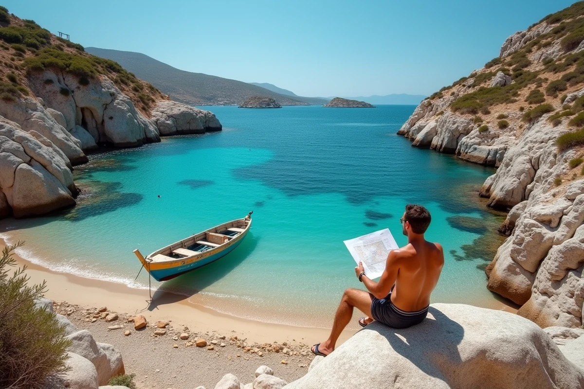 Crique rocheuse sauvage de Tinos avec eau turquoise, rochers en granit et homme consultant une carte de voyage