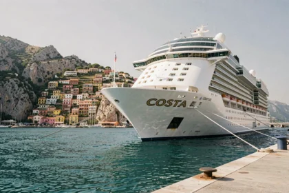 Paquebot Costa en croisière en Méditerranée devant un port pittoresque aux maisons colorées