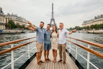 Groupe de touristes sur le pont d'un bateau de croisière sur la Seine avec la Tour Eiffel en arrière-plan