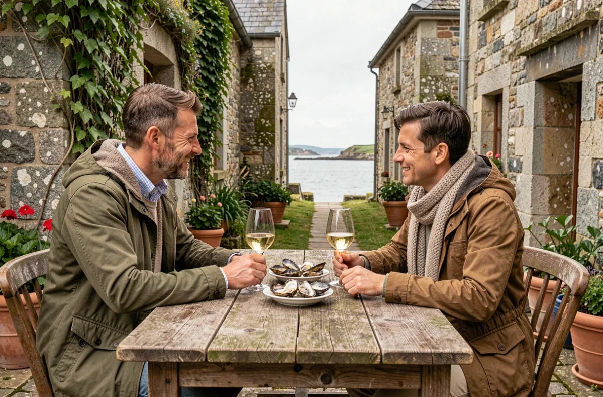 Couple savourant des huîtres et du vin blanc devant un cottage breton typique à Saint-Cado lors d'une escapade romantique