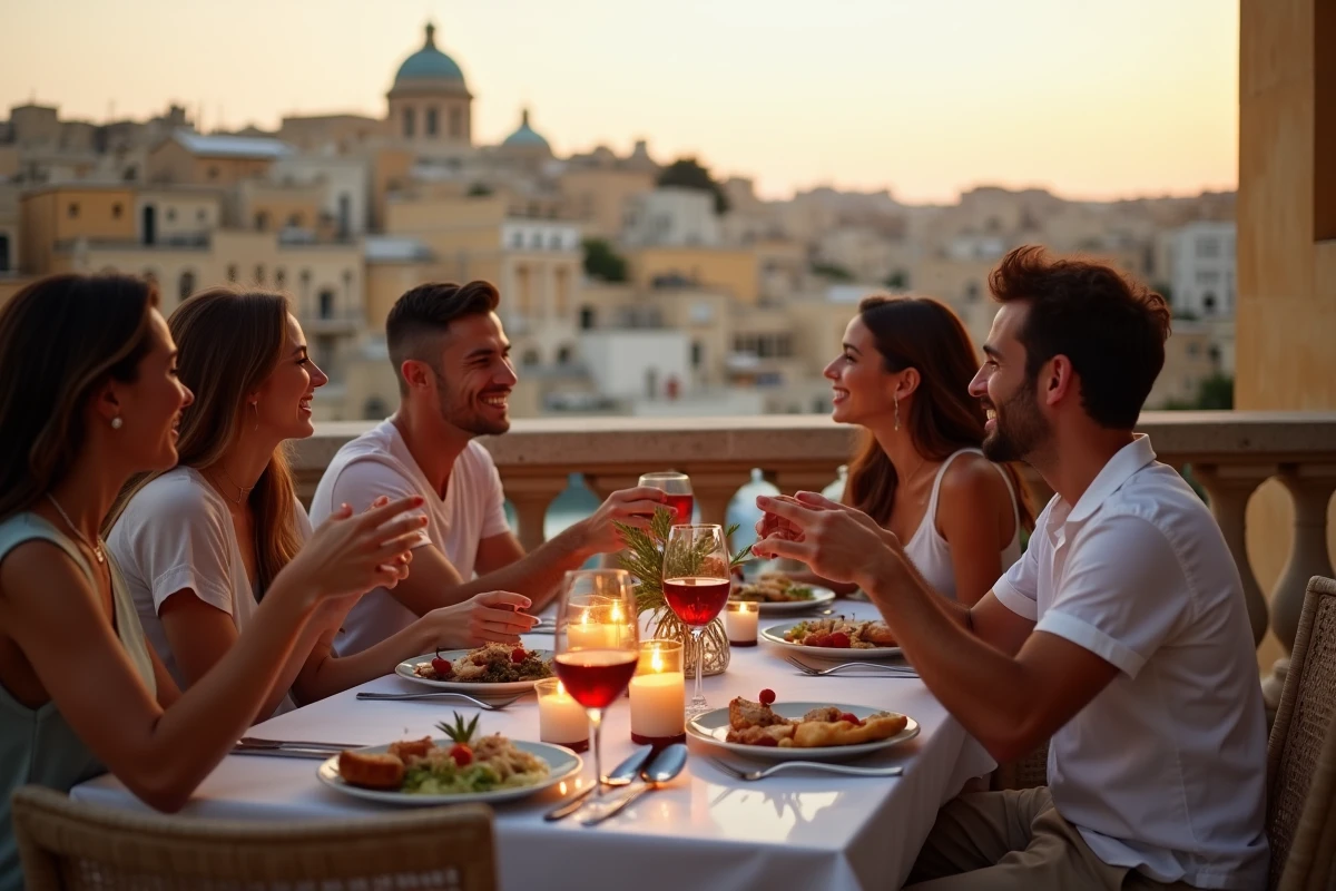 Groupe d amis dînant à Valletta au coucher du soleil