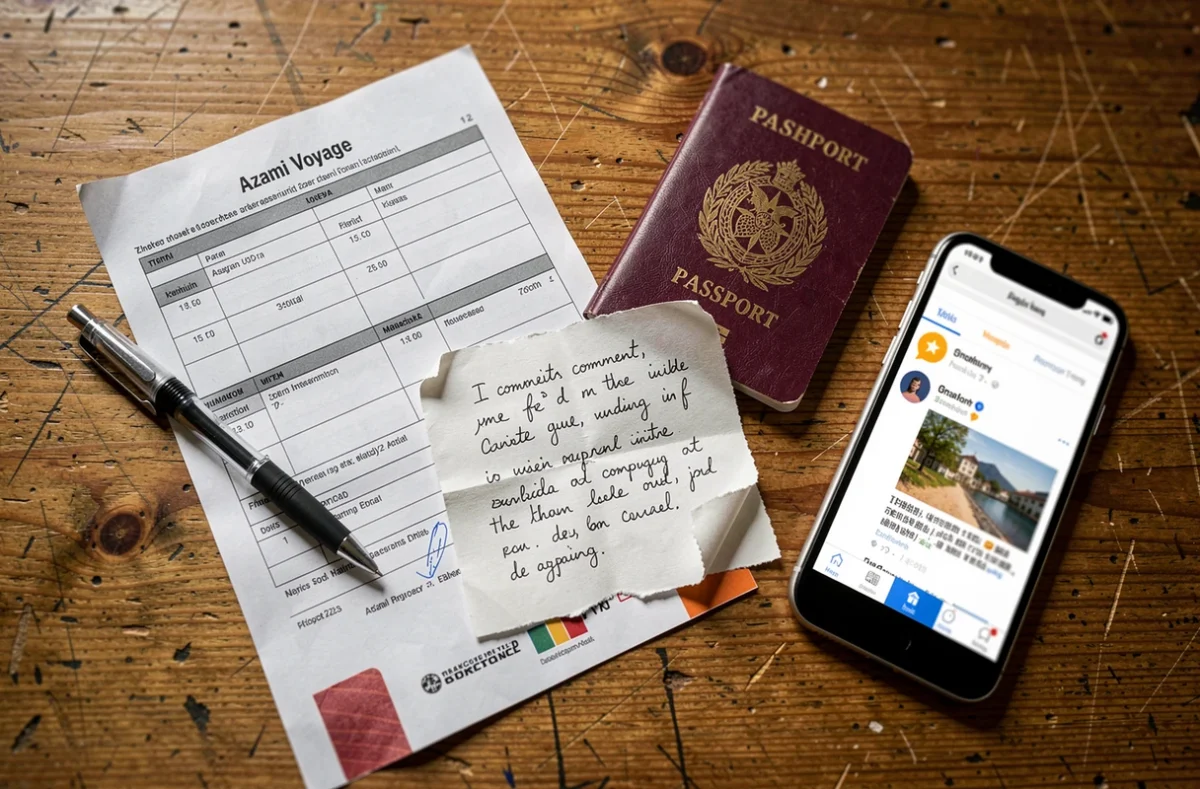 Documents de plainte et avis négatifs sur une agence de voyage marocaine posés sur une table en bois