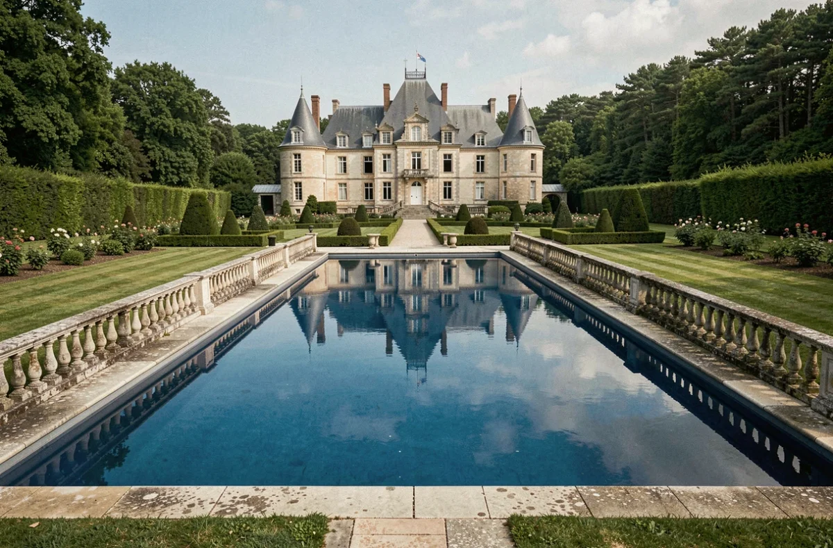 Piscine extérieure du Domaine de la Bretesche à Missillac avec reflet du château médiéval et parc paysager