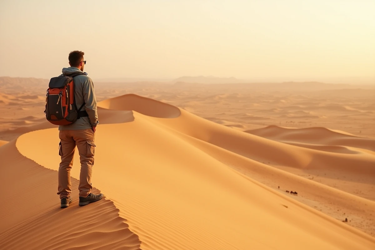 Voyageur solitaire contemplant les dunes de Merzouga au Maroc lors d'un voyage en février
