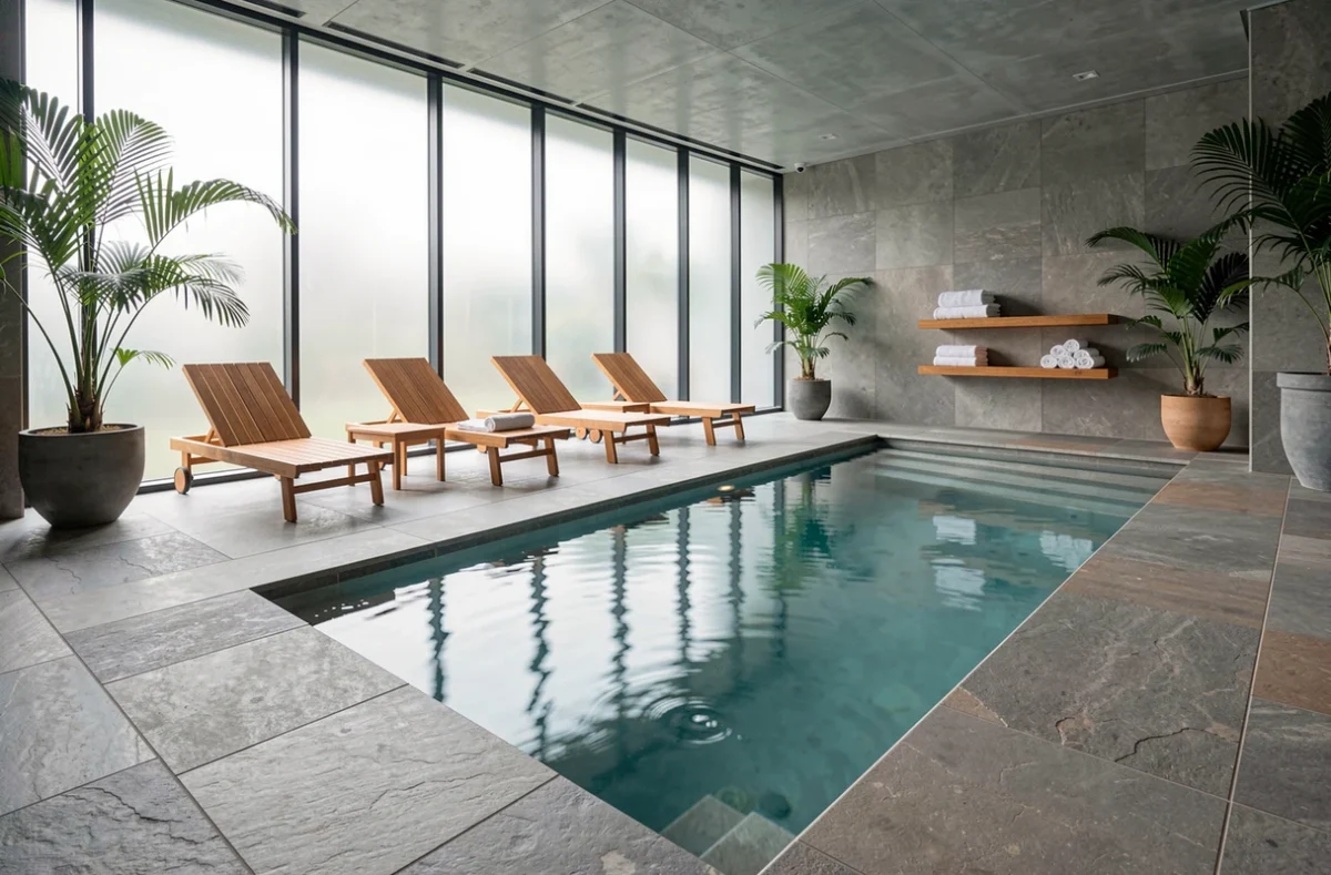 Piscine intérieure contemporaine du spa de l'Edgar Hotel à Saint-Brieuc avec carrelage en pierre et ambiance minimaliste