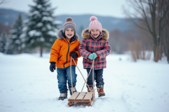 Deux enfants rigolant dans la neige avec une luge colorée