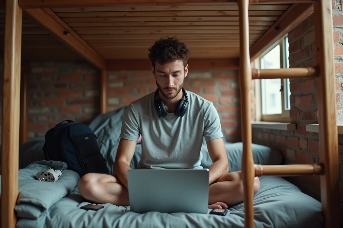 Voyageur en télétravail dans un dortoir d'auberge, insérant une eSIM internationale sur son téléphone