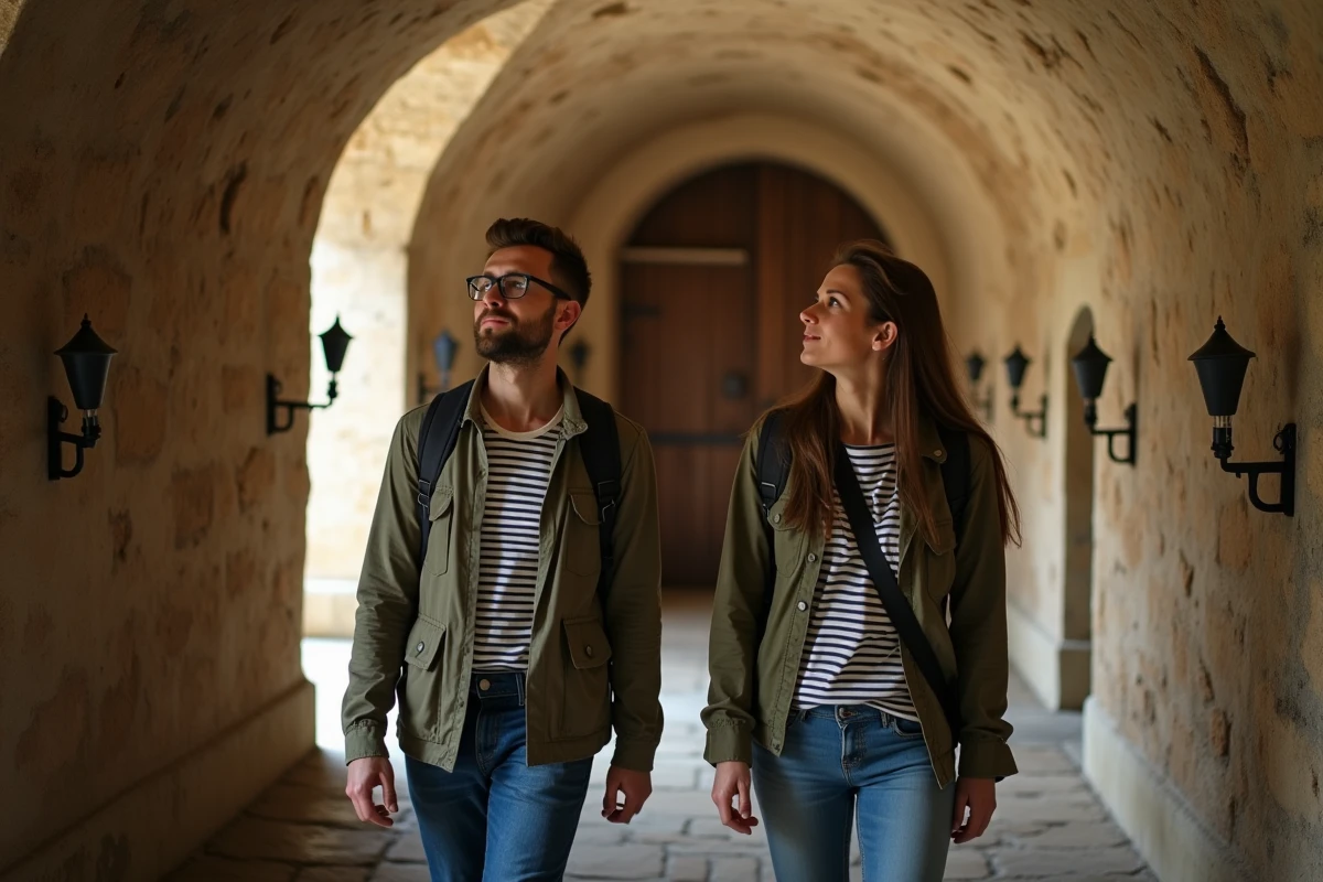 Couple de touristes explorant un couloir voûté et un donjon dans un château fort en France