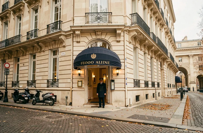 Façade élégante du Paris Orsay Hôtel face au musée d'Orsay avec portier en uniforme sur un boulevard parisien en automne