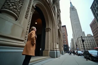 Façade gothique du Woolworth Building à Manhattan vue depuis la rue, avec une femme admirant la tour