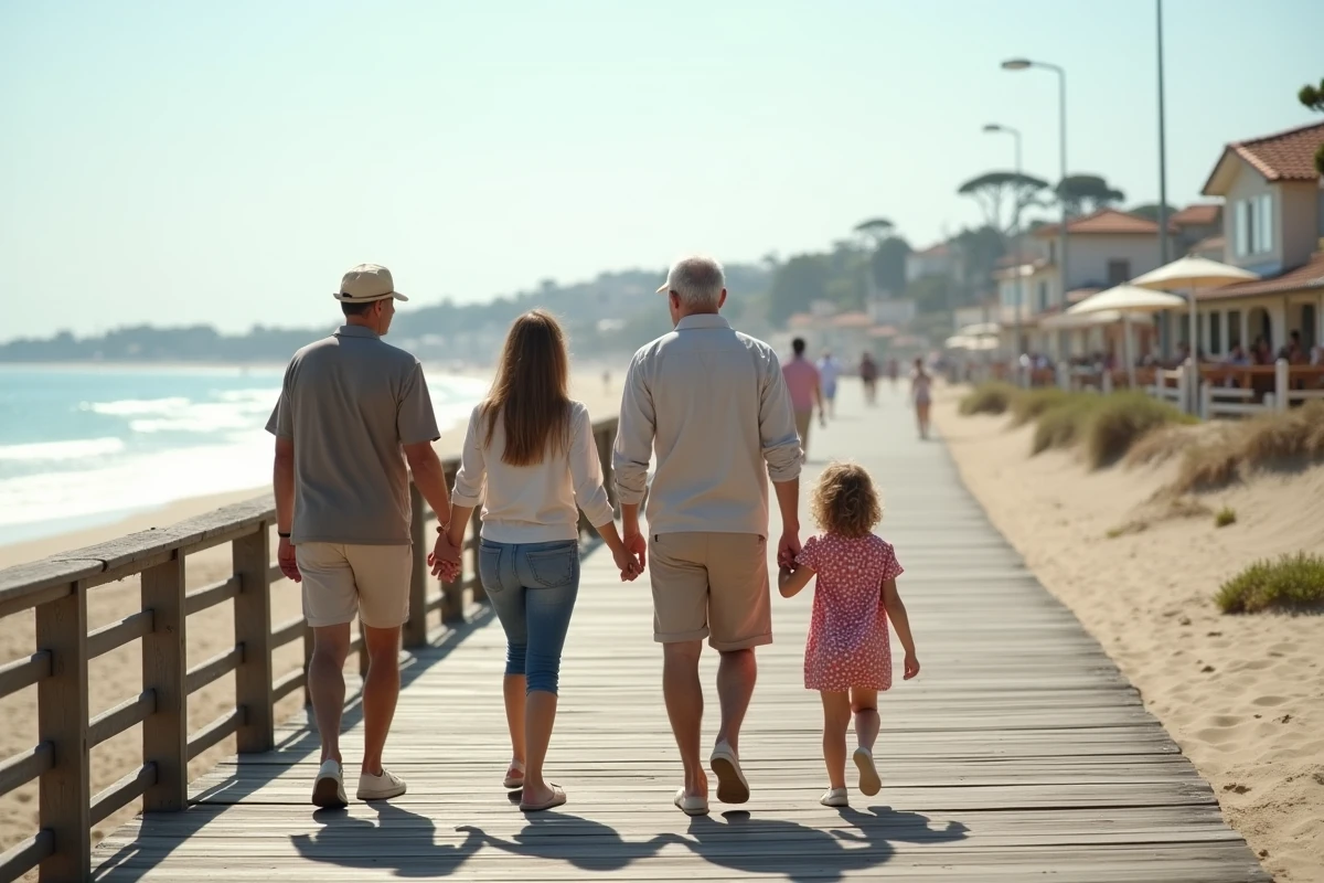 Famille multigenerations marchant sur la promenade côtière