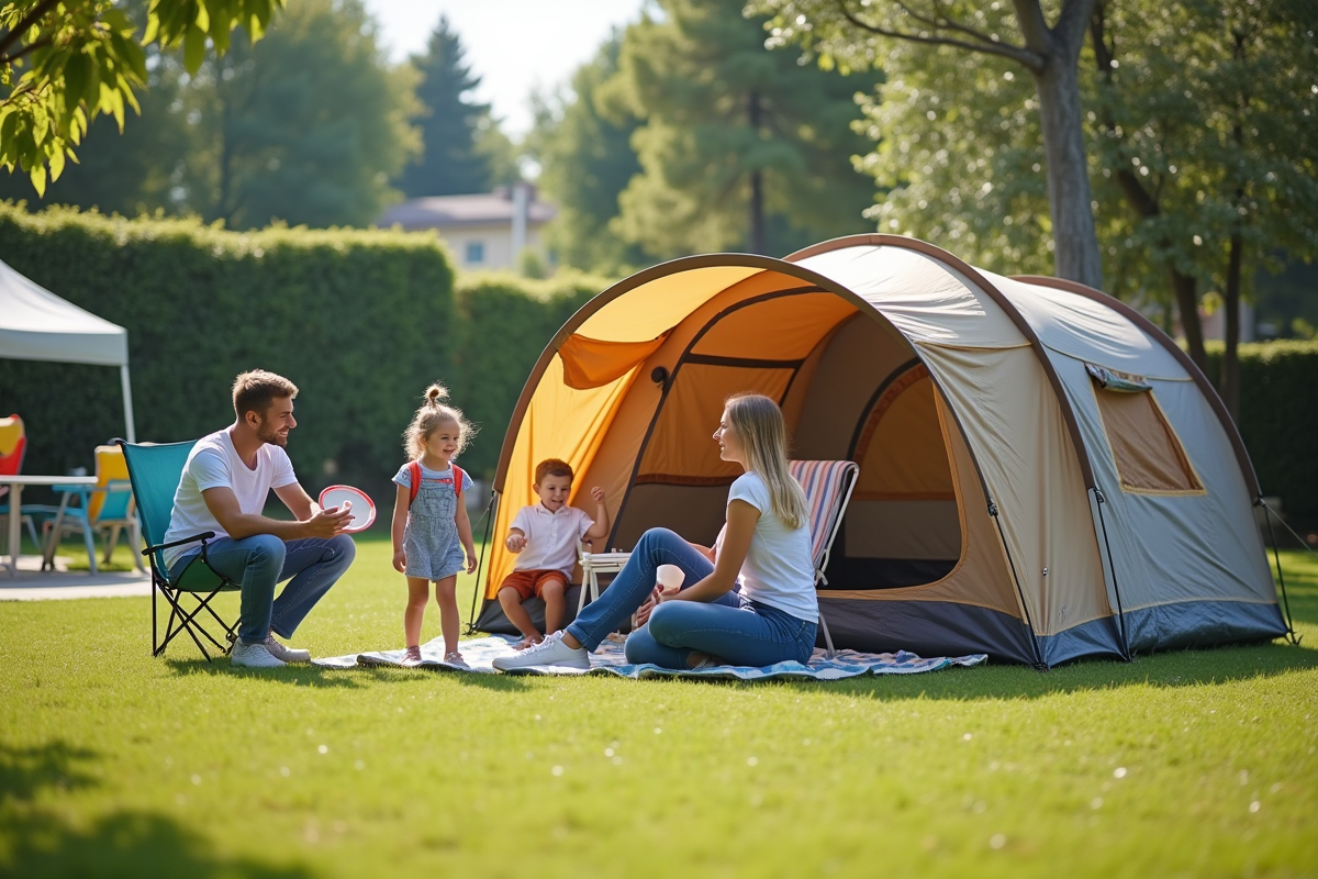 Famille avec enfants jouant près de leur tente en camping