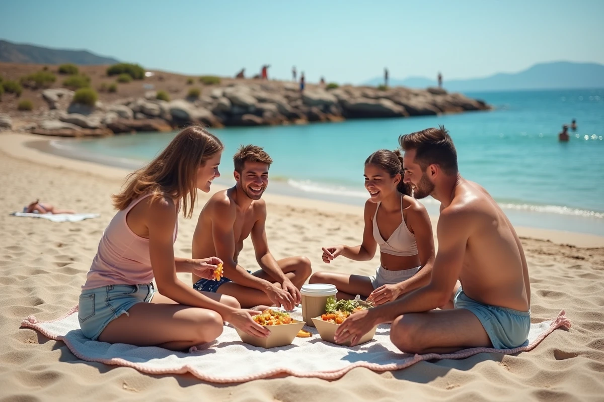 Famille partageant un repas abordable sur une plage publique gratuite d'Héraklion lors de vacances en Crète petit budget