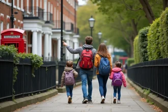 Famille avec enfants se promenant dans un quartier résidentiel sécurisé de Londres avec des maisons georgiennes en brique rouge