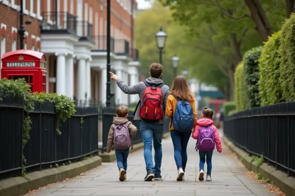 Famille avec enfants se promenant dans un quartier résidentiel sécurisé de Londres avec des maisons georgiennes en brique rouge