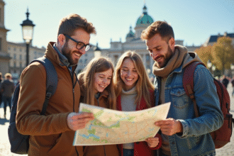 Famille de touristes souriants consultant une carte en ville